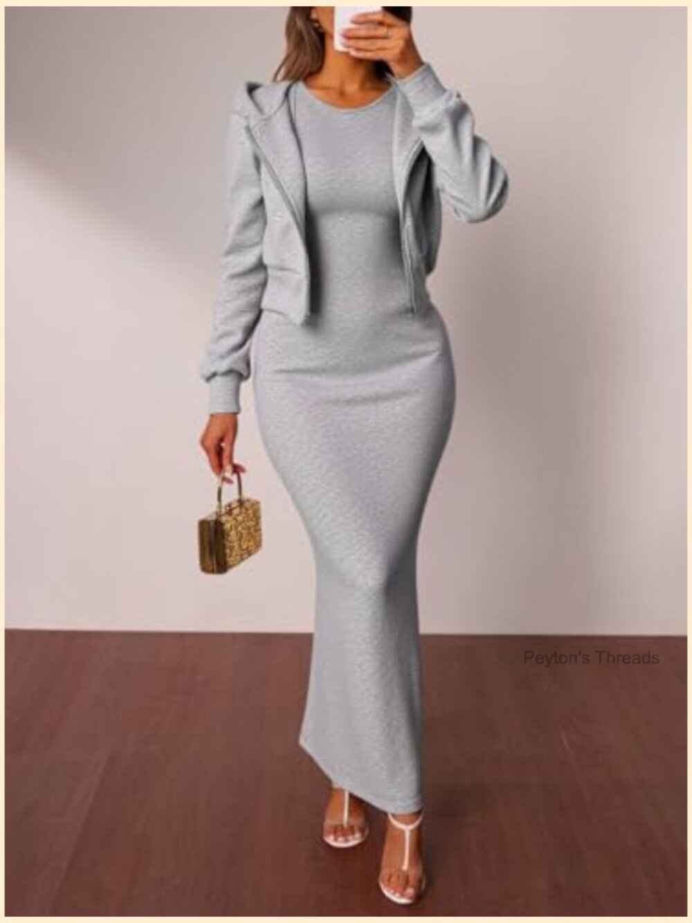 2 Piece Y2k Outfits Bodycon Maxi Dress Zip Up Hoodie Fall Casual Set Streetwear - Picture 4 of 5